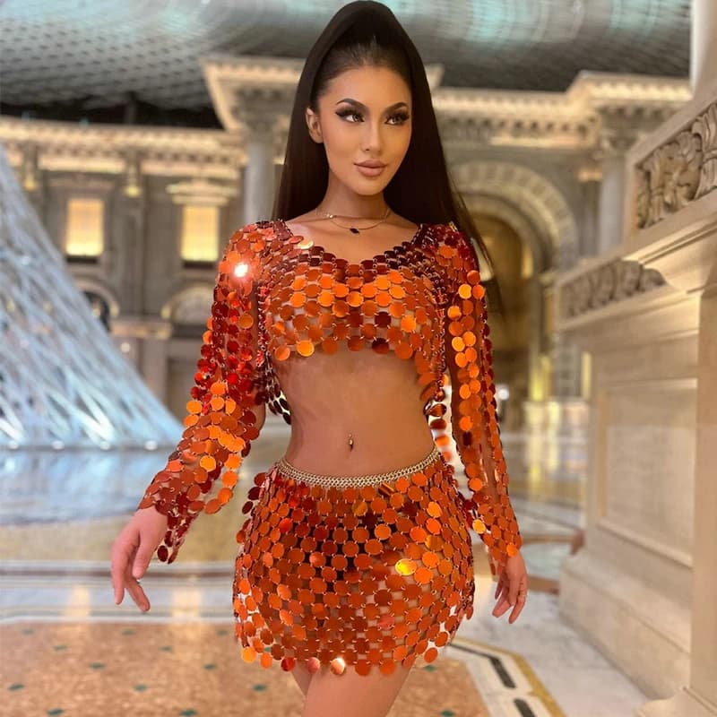 Haut court à manches longues et Mini jupe pour femme, tenue de soirée à paillettes, Orange, Sexy, 2 