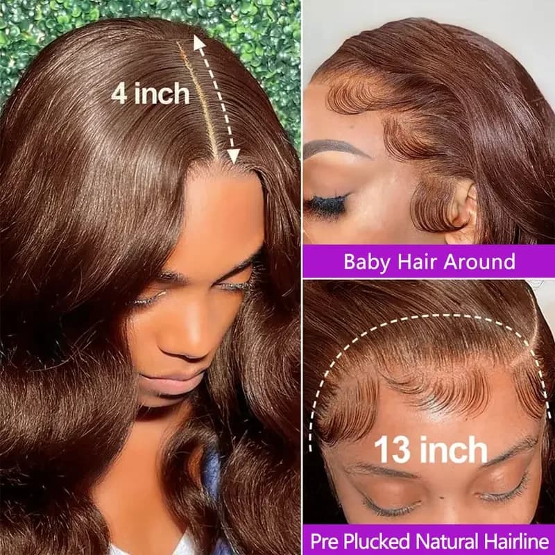 Perruque frontale HD sans colle de 34 pouces, en cheveux humains vierges brésiliens, couleur brun ch