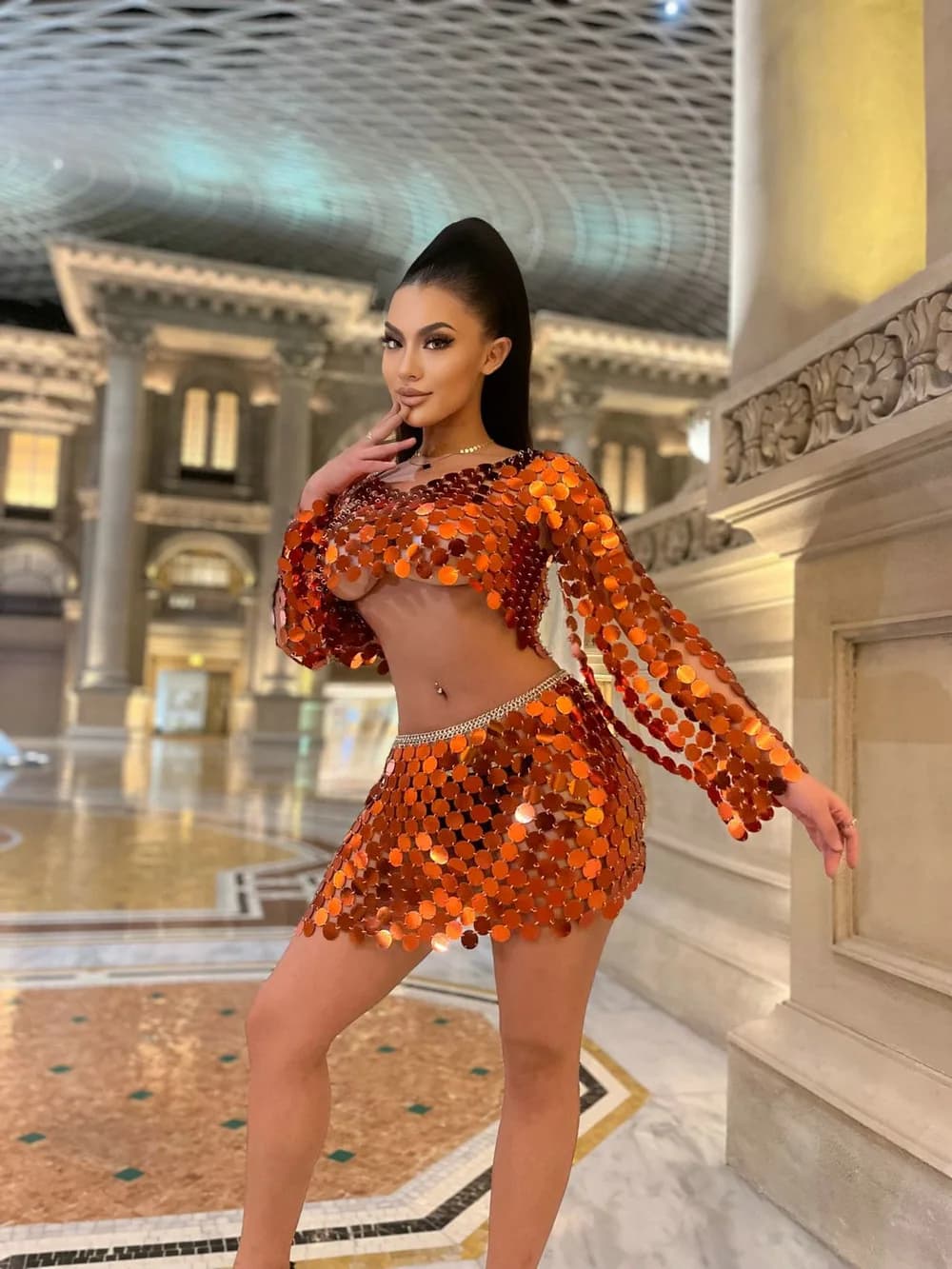 Haut court à manches longues et Mini jupe pour femme, tenue de soirée à paillettes, Orange, Sexy, 2 