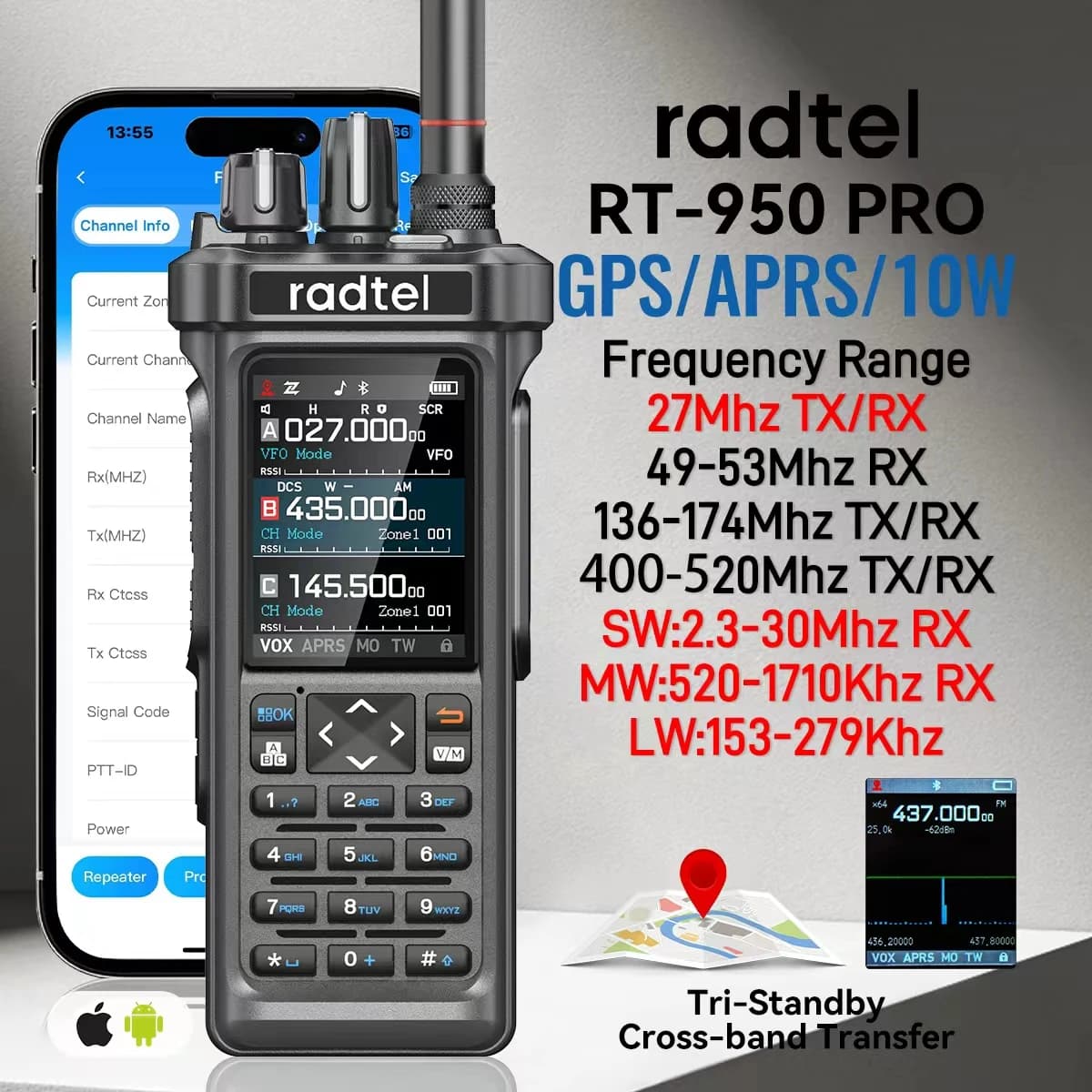 Radtel RT-950 PRO talkie-walkie AM/FM/CB/LSB/USB/CW récepteur avec GPS APRS 10W Bluetooth programmat