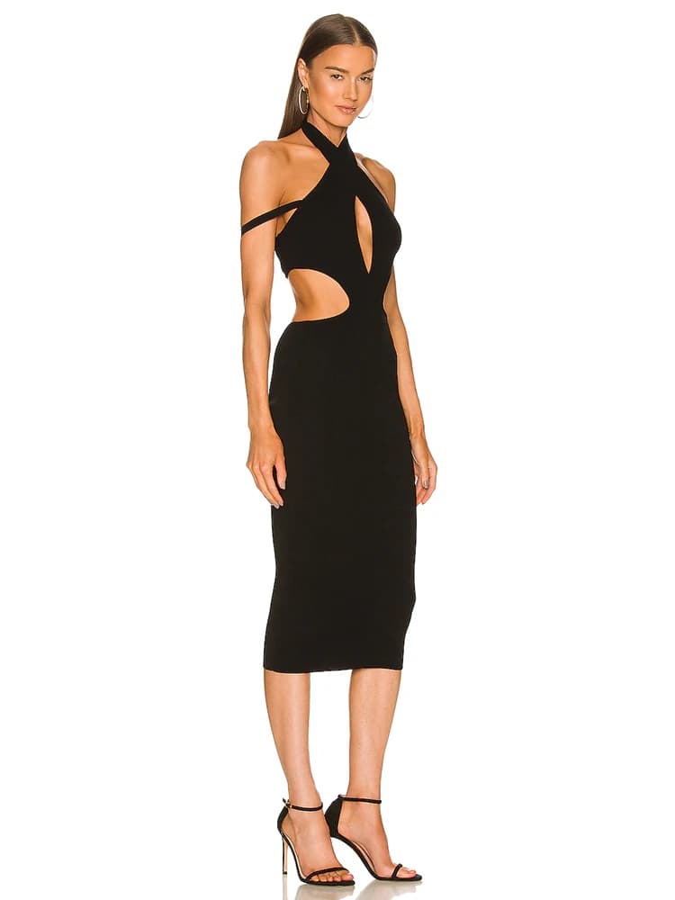 Robe à bandes mi-longue découpée pour femmes, col en V, sans manches, dos nu, moulante, épaules dénu
