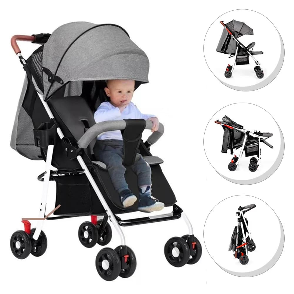 Poussette bébé robuste avec cadre en acier, siège inclinable à plat, panier de rangement extra large