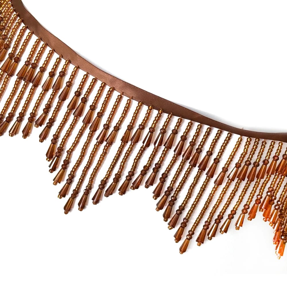 Bordure perlée à franges ondulées HelluyerDc marron, rouge, or, noir, garniture perlée avec strass p