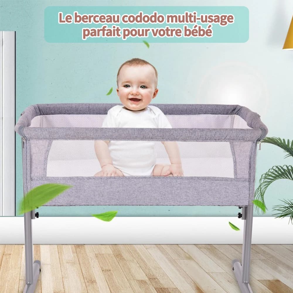 Lit Bébé, Berceau Cododo avec Matelas, Lit d'Appoint pour Bébé, Hauteur Réglable, Inclinable, Compat