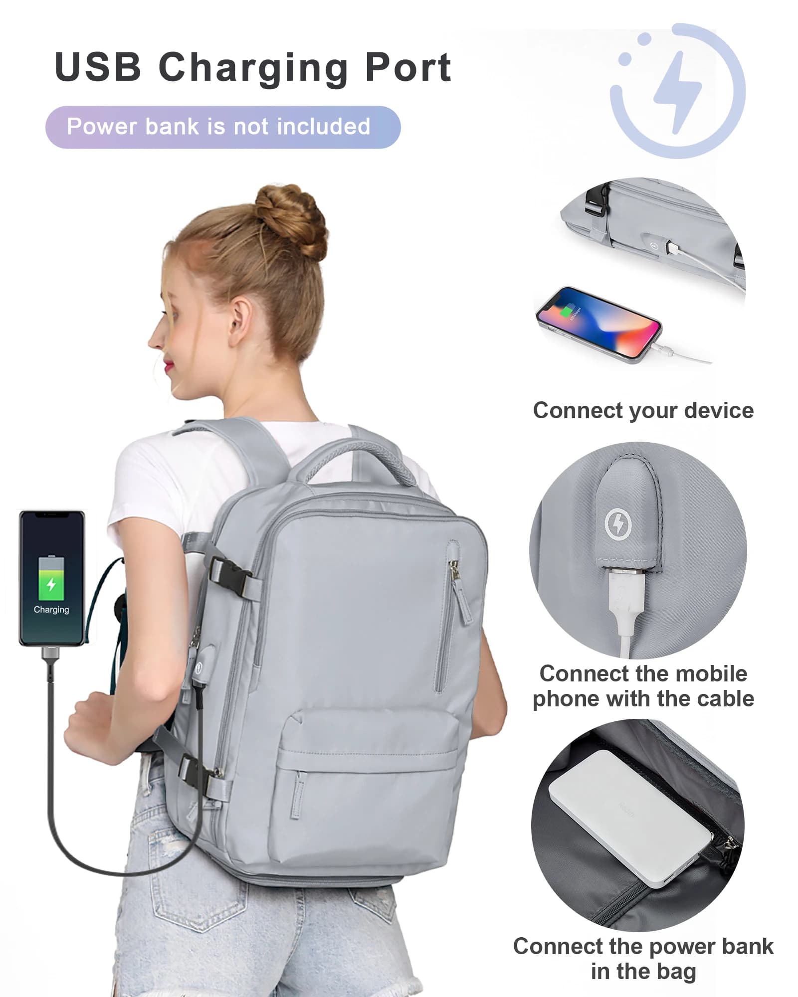 Sac à dos en nylon, sac à dos de voyage d'affaires avec port USB pour femmes et hommes, sac à dos an