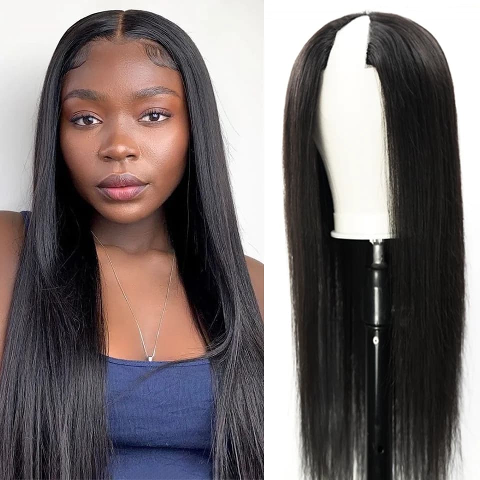 Perruque droite en V U pour femme, cheveux humains, sans laisser de côté, partie fine, densité 250, 