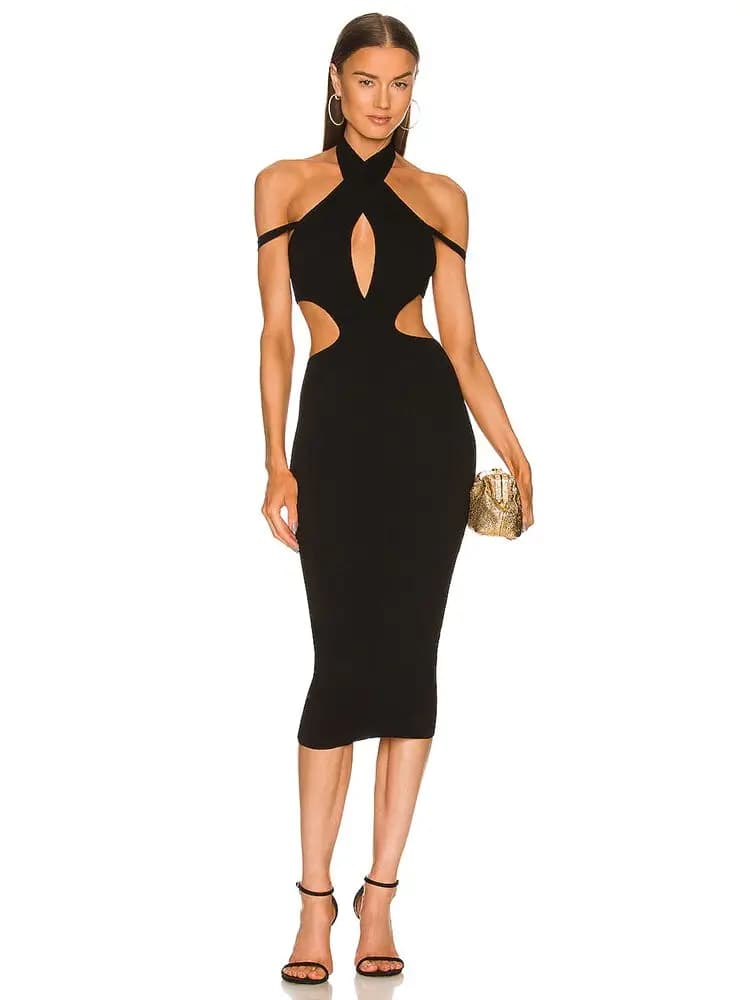 Robe à bandes mi-longue découpée pour femmes, col en V, sans manches, dos nu, moulante, épaules dénu