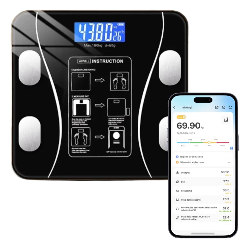 Balance Bluetooth pour personnes de poids 180 kg avec application de surveillance complète de la com