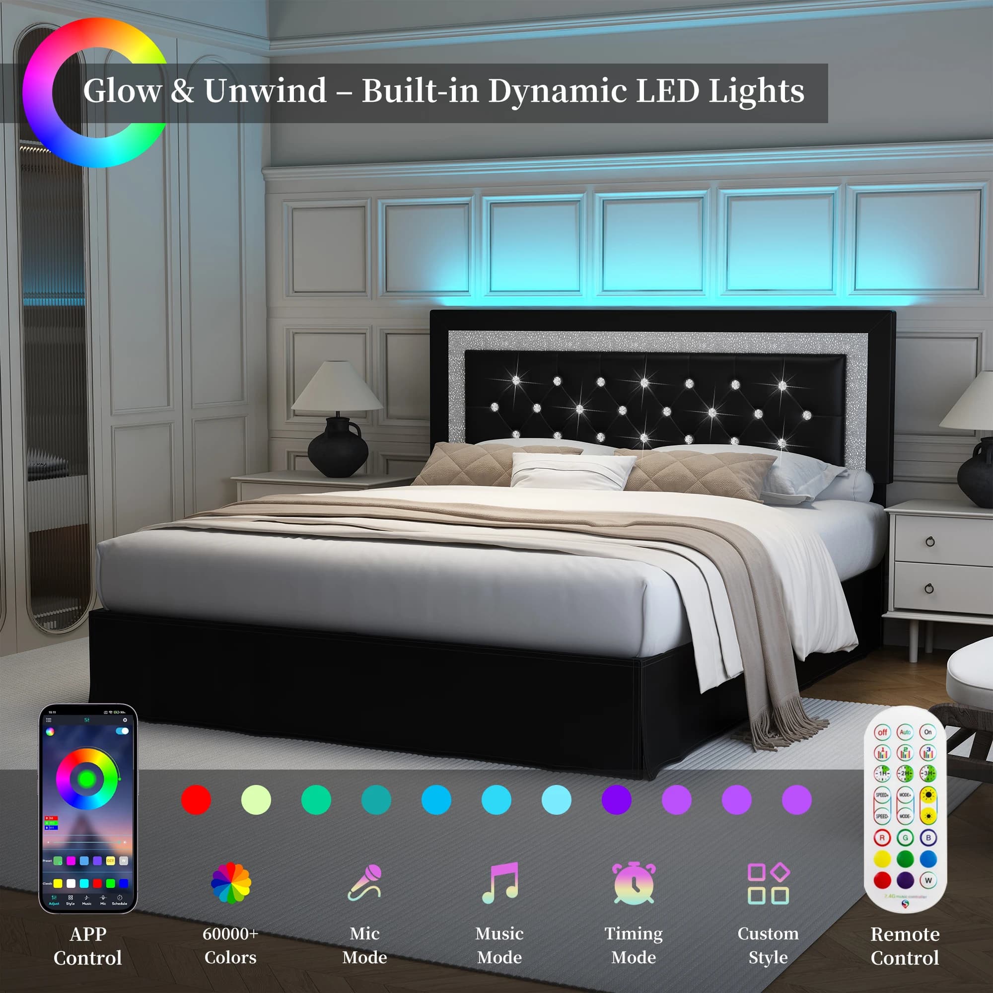 SIBEDS Cadre de lit queen avec lumières LED, tête de lit réglable, revêtement en lin capitonné, jupe
