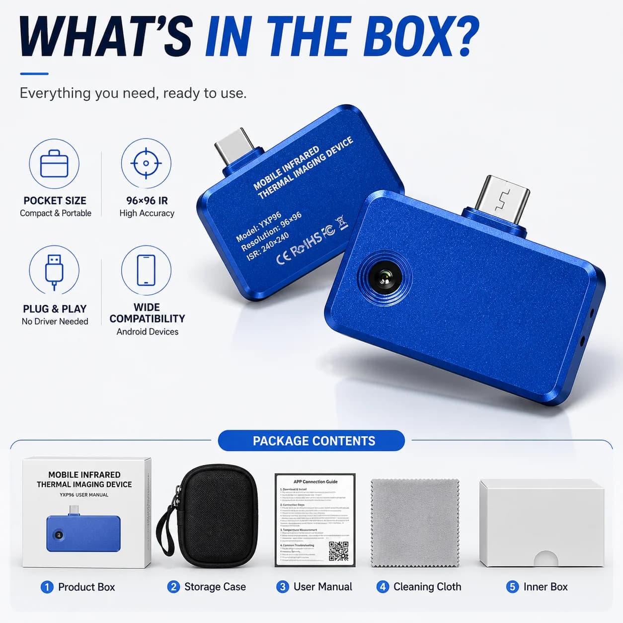Caméra thermique HoldPeak 96x96 pour Android, 25Hz/40mK, -20 ° C~550 ° Caméra thermique USB-C, image