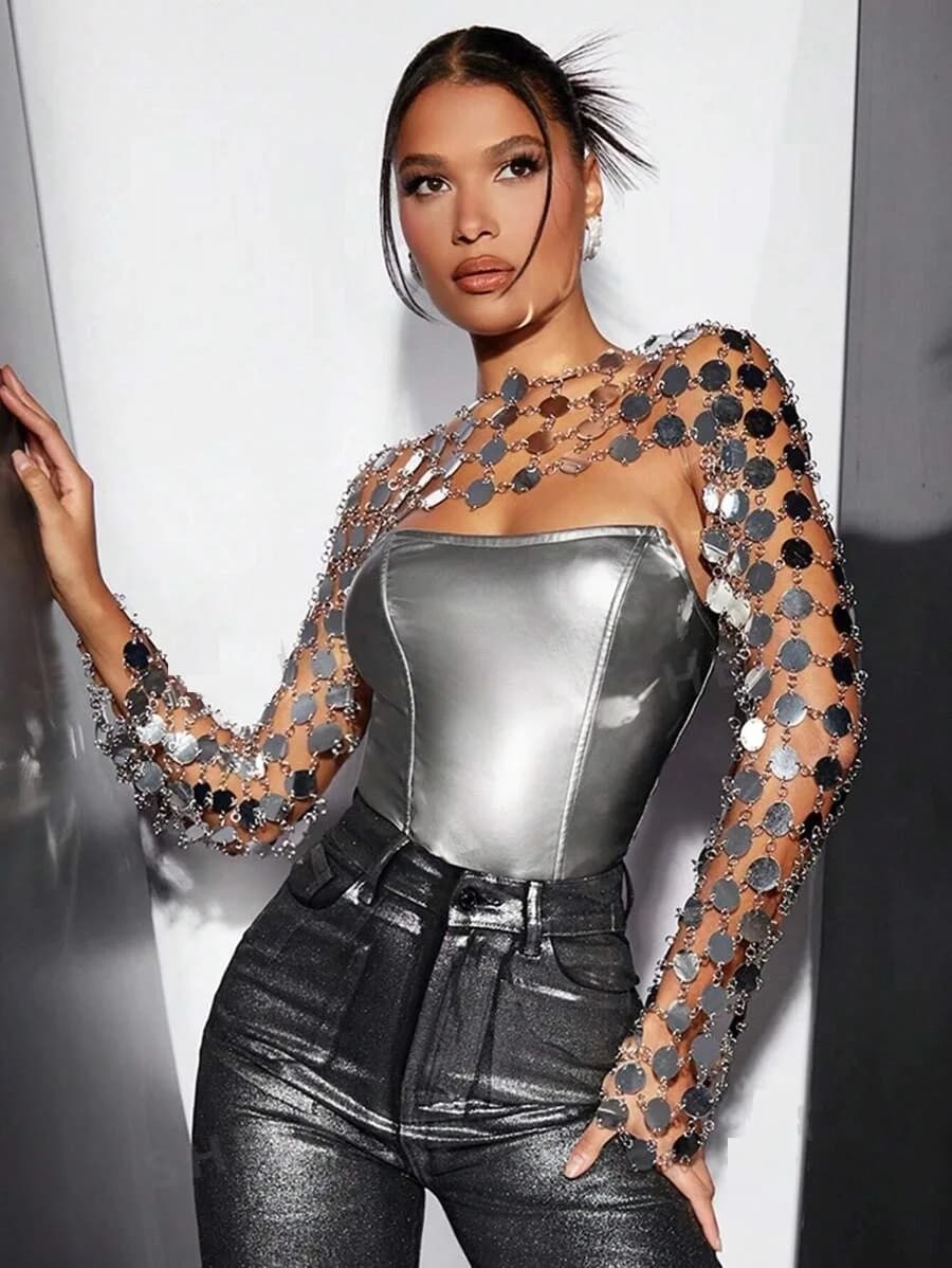 Haut à manches longues avec décor à paillettes pour femmes, haut métallique solide, magnifique festi