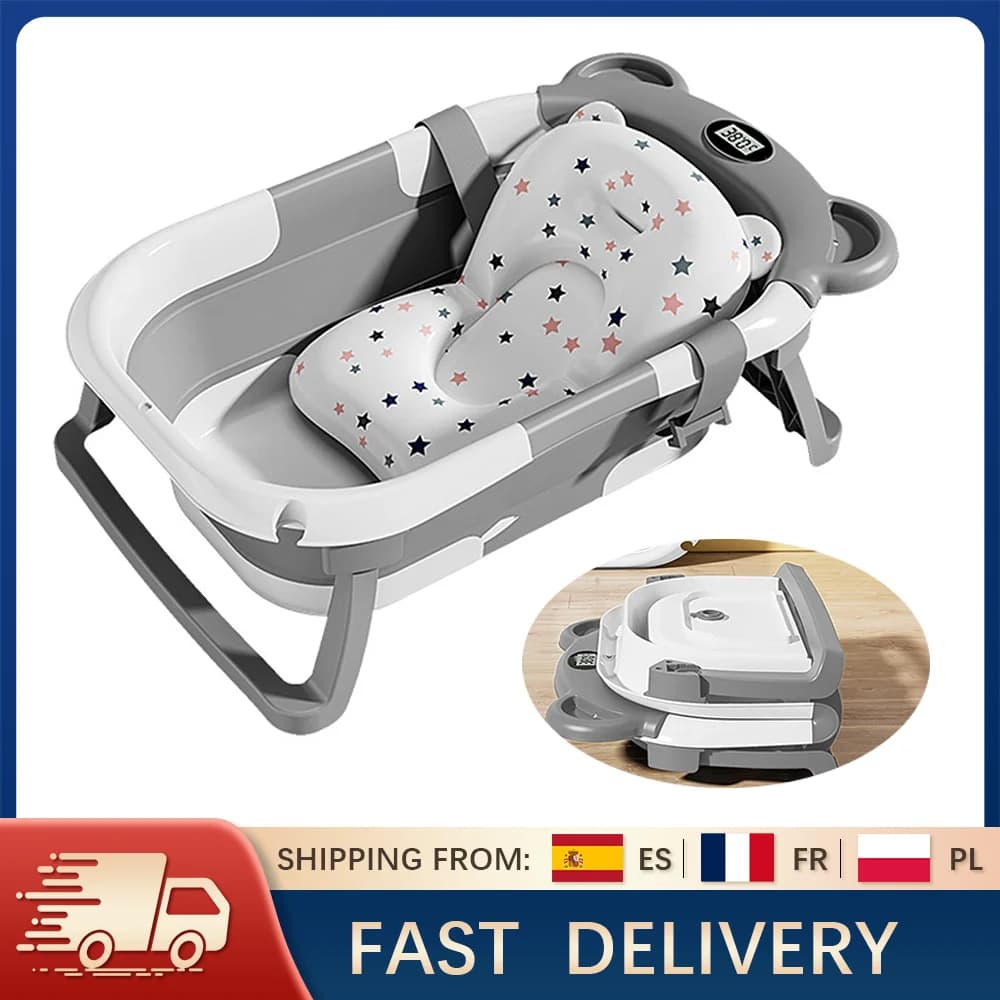 Baignoire pliable pour bébé avec thermomètre, tapis de bain antidérapant, Support de coussin, baigno