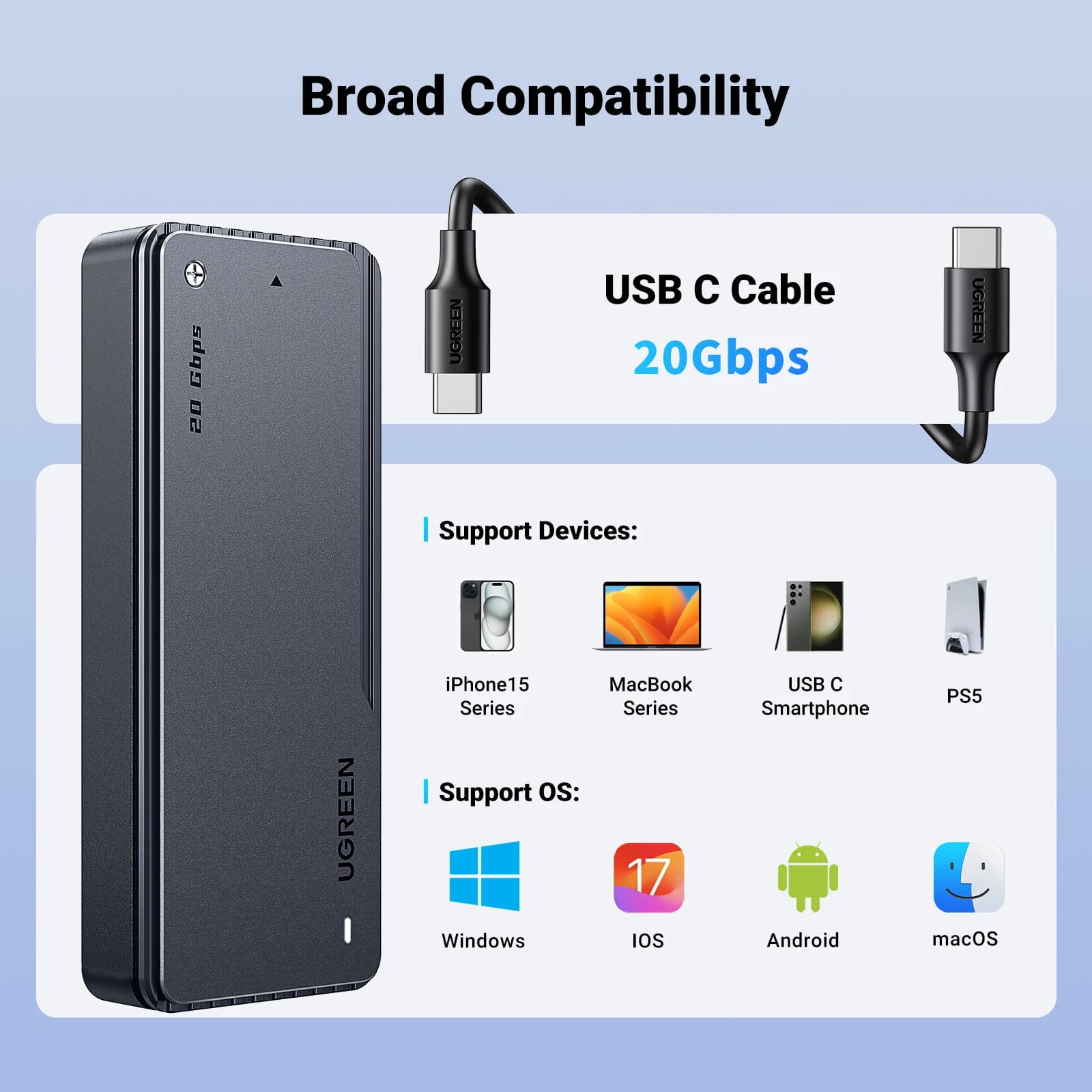 UGREEN-Boîtier SSD NVMe 20Gbps, refroidissement intégré, boîtier SSD en aluminium, adaptateur M.2 ve