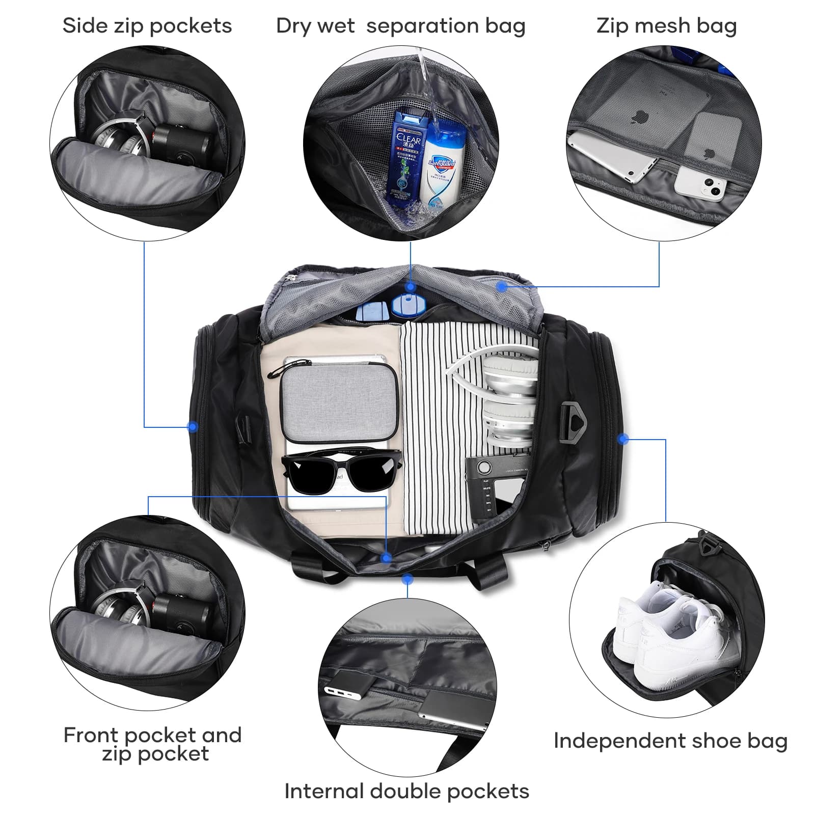 Sac de sport sac polochon de voyage avec poche humide et compartiment à chaussures pour hommes femme