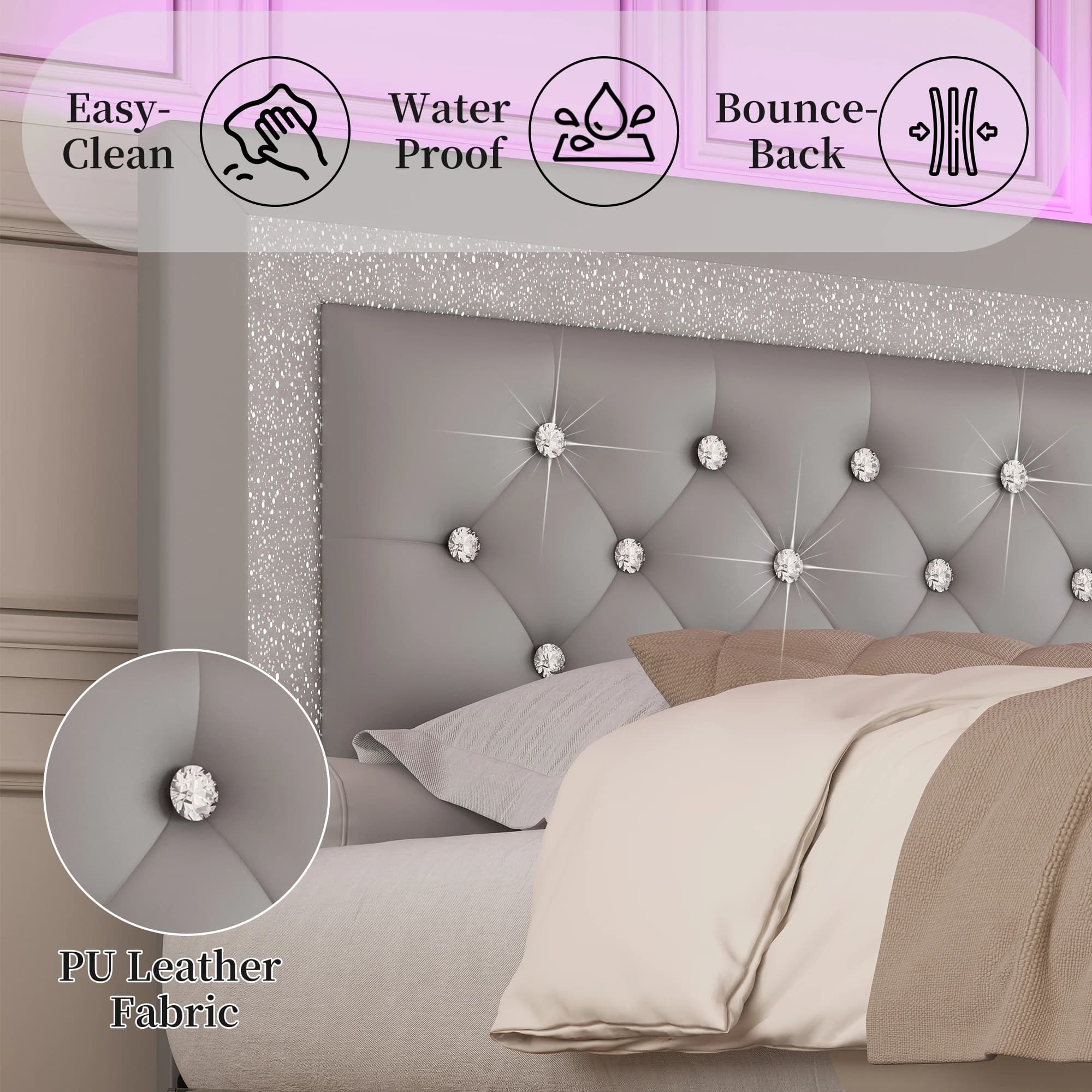 SIBEDS Cadre de lit queen avec lumières LED, tête de lit réglable, revêtement en lin capitonné, jupe