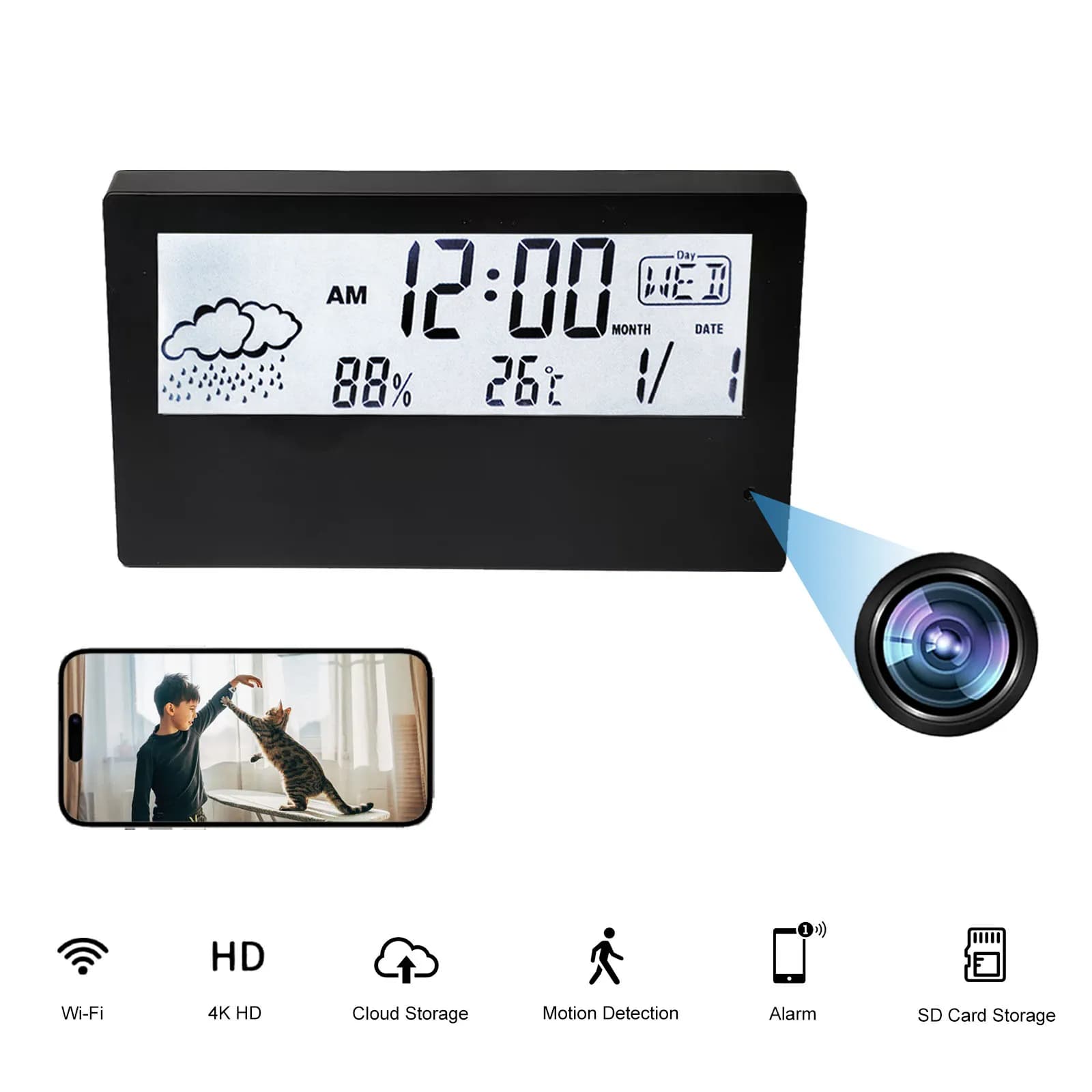 Caméra réveil sans fil HD 4K avec WiFi, détection de mouvement, visualisation à distance, applicatio