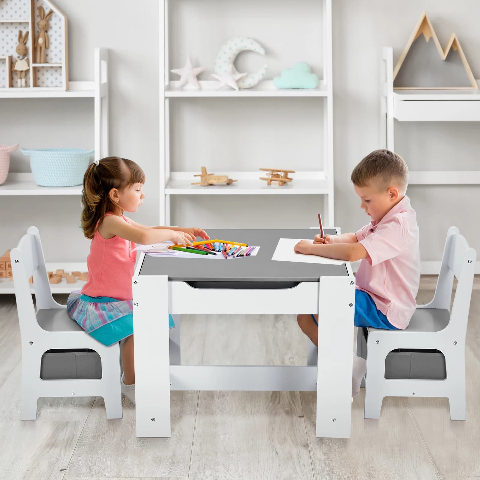 AOOU-Ensemble de table et 2 chaises pour enfants, table d'activité en bois 3 en 1, poignées amovible