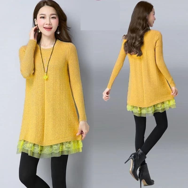 Robe pull à coutures en dentelle pour femmes, pulls à manches longues, pulls tricotés pour femmes, m