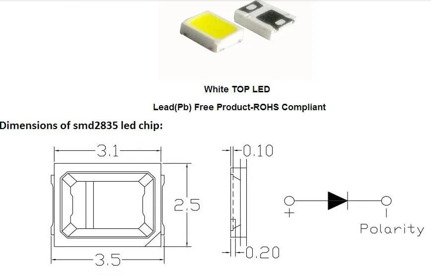 100 pièces SMD LED 2835 puce 0.5W 1W 3V 6V 9V 18V 36V 140LM 4000K perles blanches lumière blanche ch