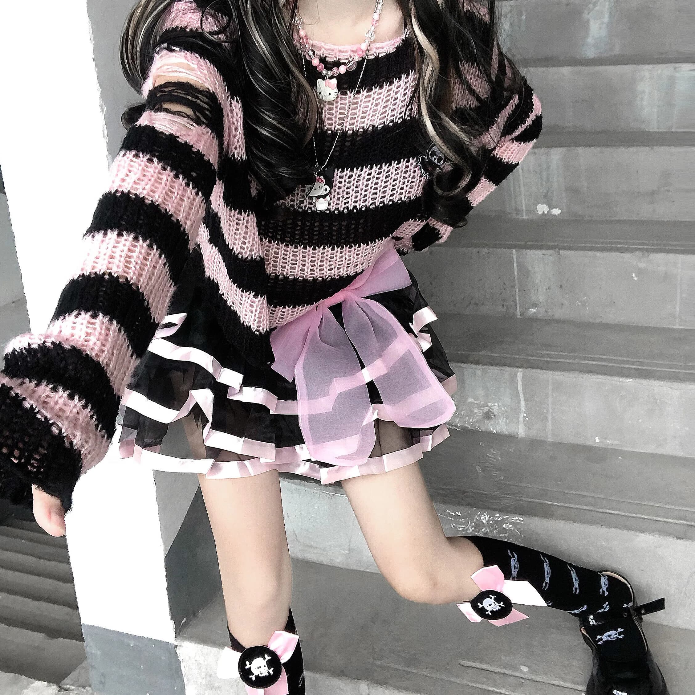 Karrram rose rayé gothique chandails femmes déchiré trous lâche tricoté pull effiloché fée Grunge pu