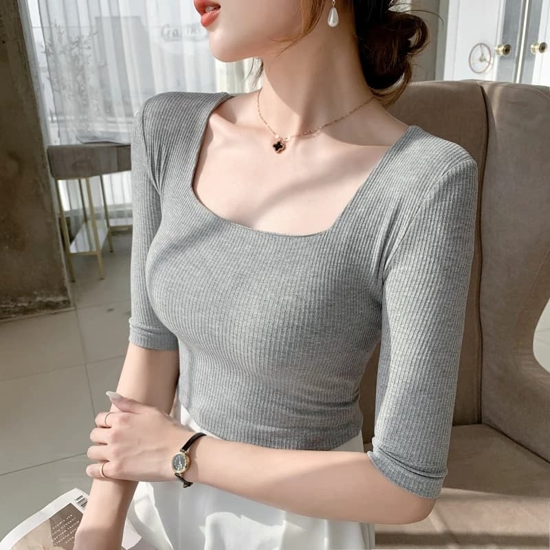 T-shirt manches mi-longues pour femmes, col carré, slim, en coton, solide, été, basique, haute élast