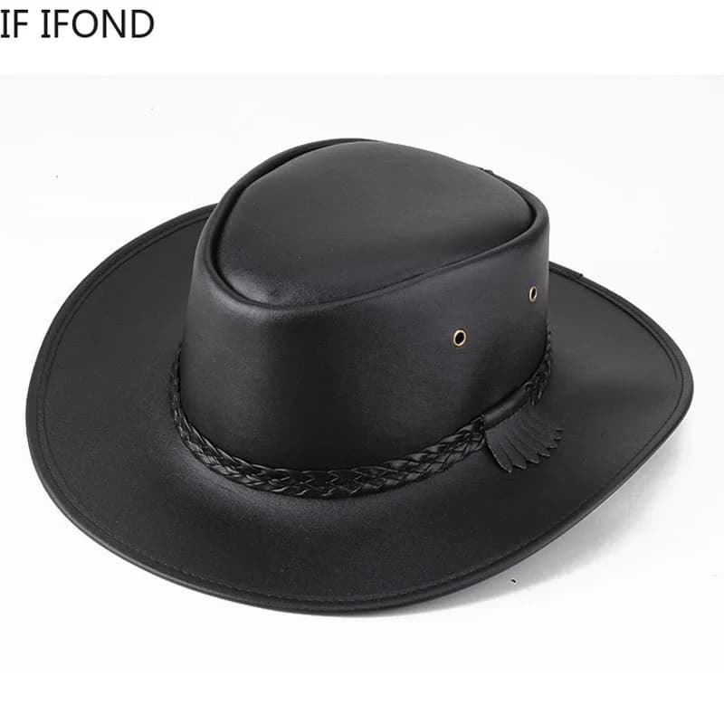 Chapeau de Cowboy Western en Faux Cuir pour Homme, Casquette Vintage de Jazz, de Haute Qualité, Auto