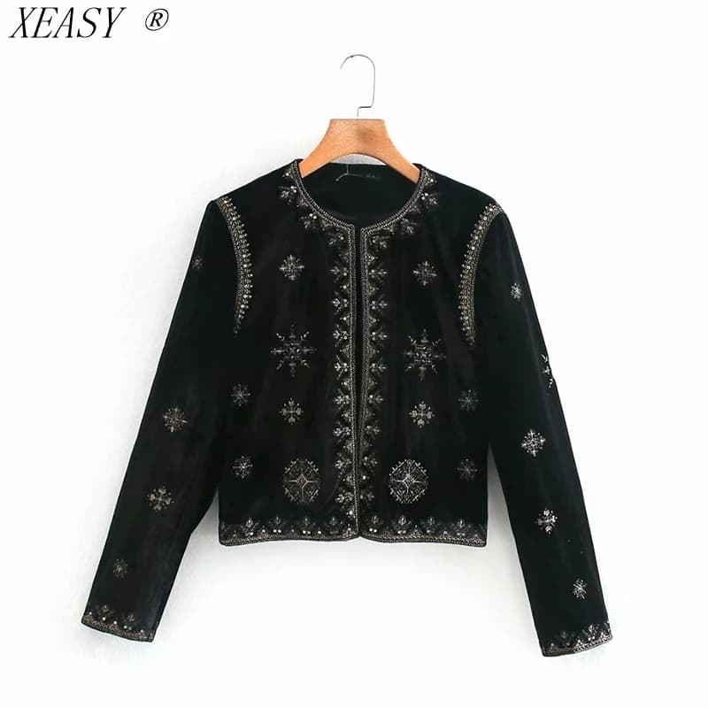 Veste Cardigan court en velours pour femmes, Style palais rétro, broderie de l'industrie lourde, pai