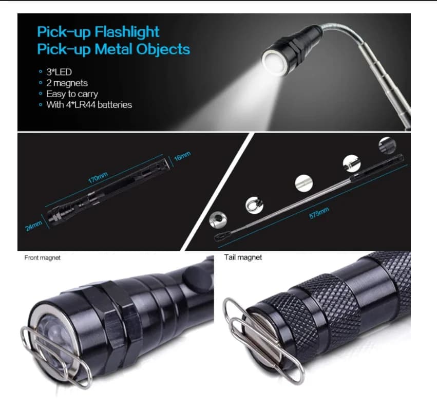Lampe de poche Portable à 3 LED, torche à tête Flexible avec aimant, lampe télescopique Flexible, ou