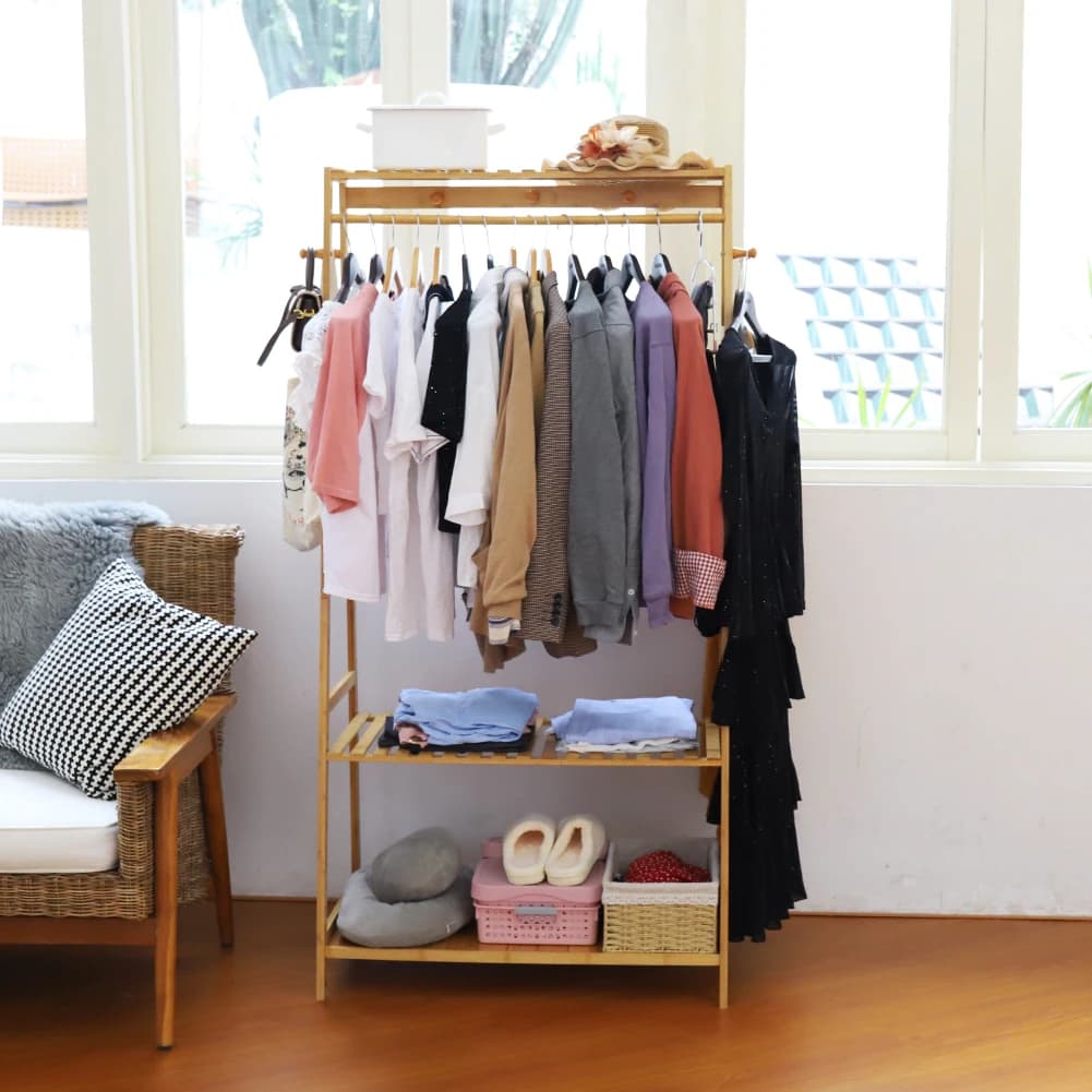 Étagères de rangement pour vêtements en bambou, manteau et vêtements, chaussures à 2 niveaux, assiet