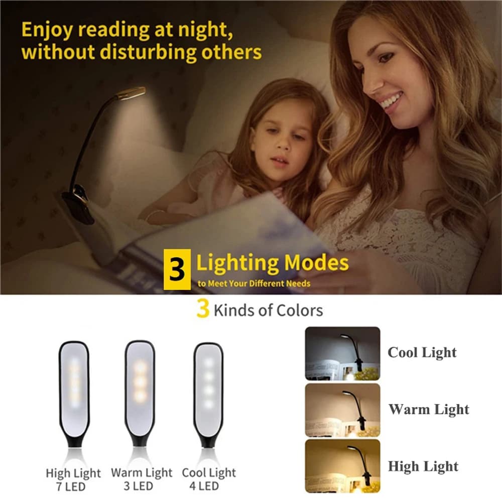 Mini lampe de lecture Rechargeable à 7 LED, 3 niveaux, blanc chaud et froid, Flexible, lampe à Clip 