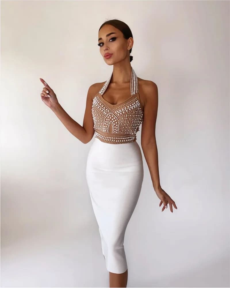 Robe de soirée de célébrité, haut de gamme, blanc, noir, Sexy, épaules dénudées, sans manches, perle
