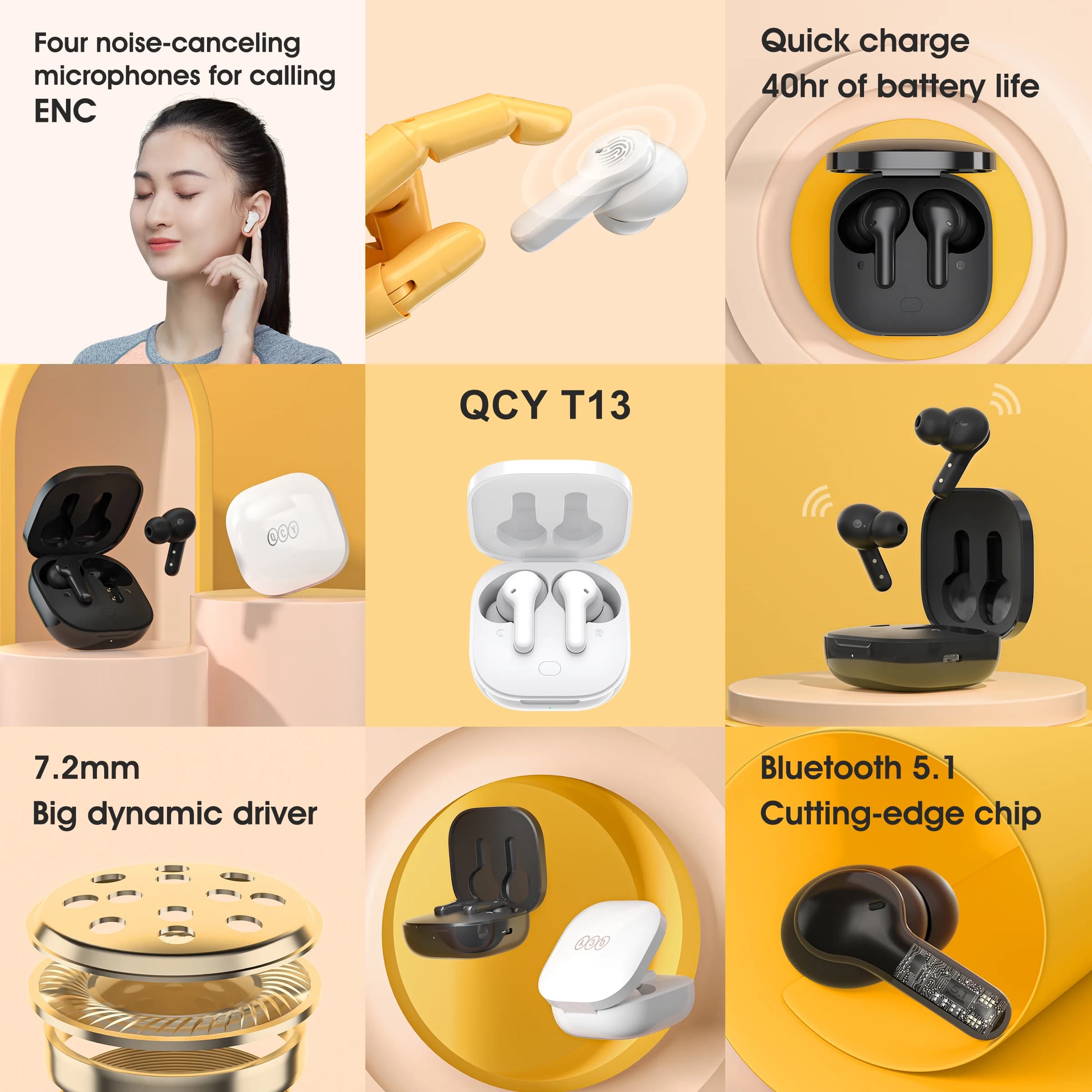 QCY – écouteurs sans fil Bluetooth T13, écouteurs TWS, 4 Microphones, ENC HD, charge rapide, command