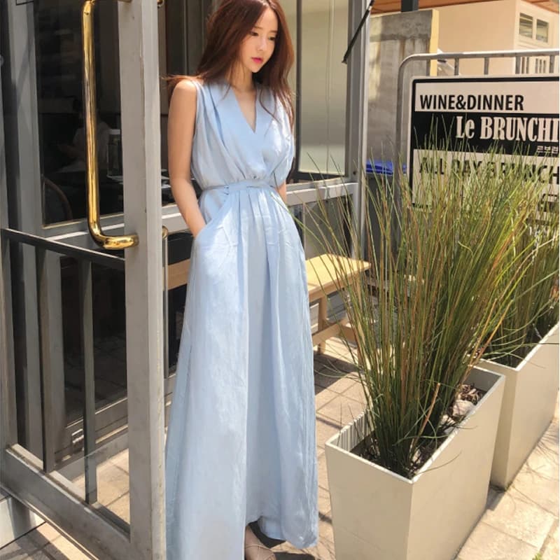Robe d'été longue bleue pour femmes, col en V profond, taille haute, proximité, ceinture Wstring, li