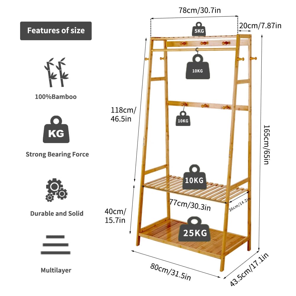 Étagères de rangement pour vêtements en bambou, manteau et vêtements, chaussures à 2 niveaux, assiet