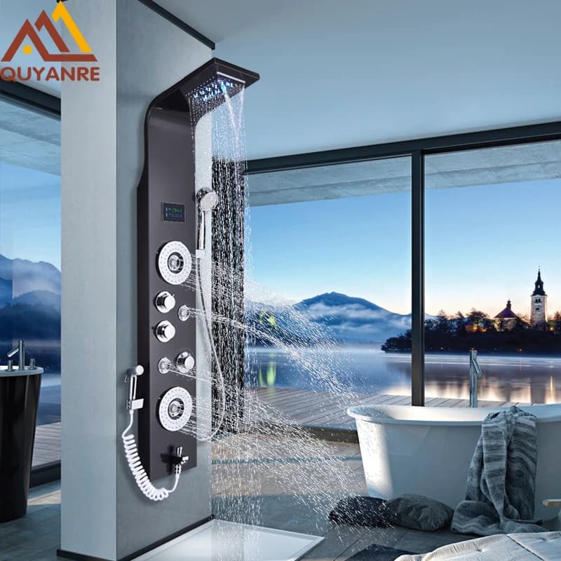 Panneau de douche LED en Nickel noir, colonne de douche à Six fonctions, cascade de pluie, Massage, 
