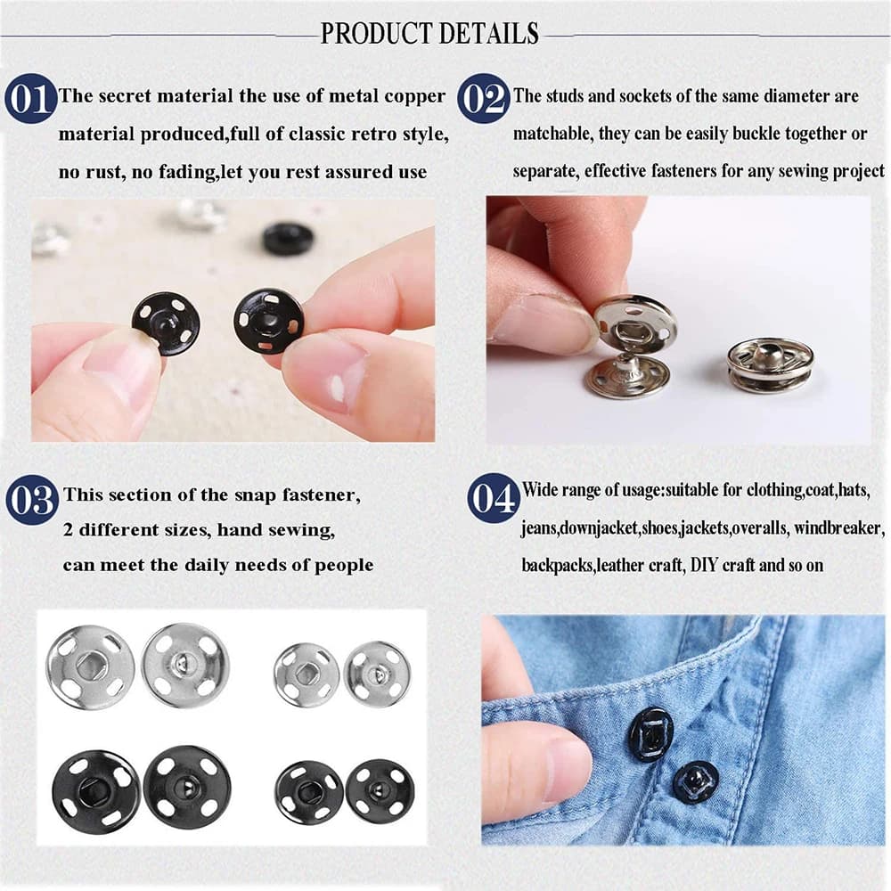 100/50 pièces boutons à pression coudre sur boutons à pression boutons de fixation à pression en mét