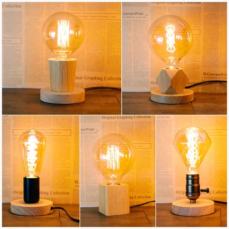 Lampe de Table rétro Vintage en bois E27, veilleuse 85-265V, prise ue pour chambre à coucher, lampe 