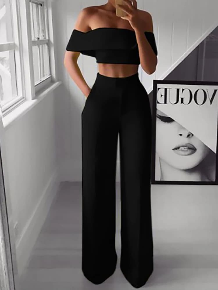 2025 été solide décontracté deux pièces ensemble femmes Sexy haut court jambe large pantalon tenues 