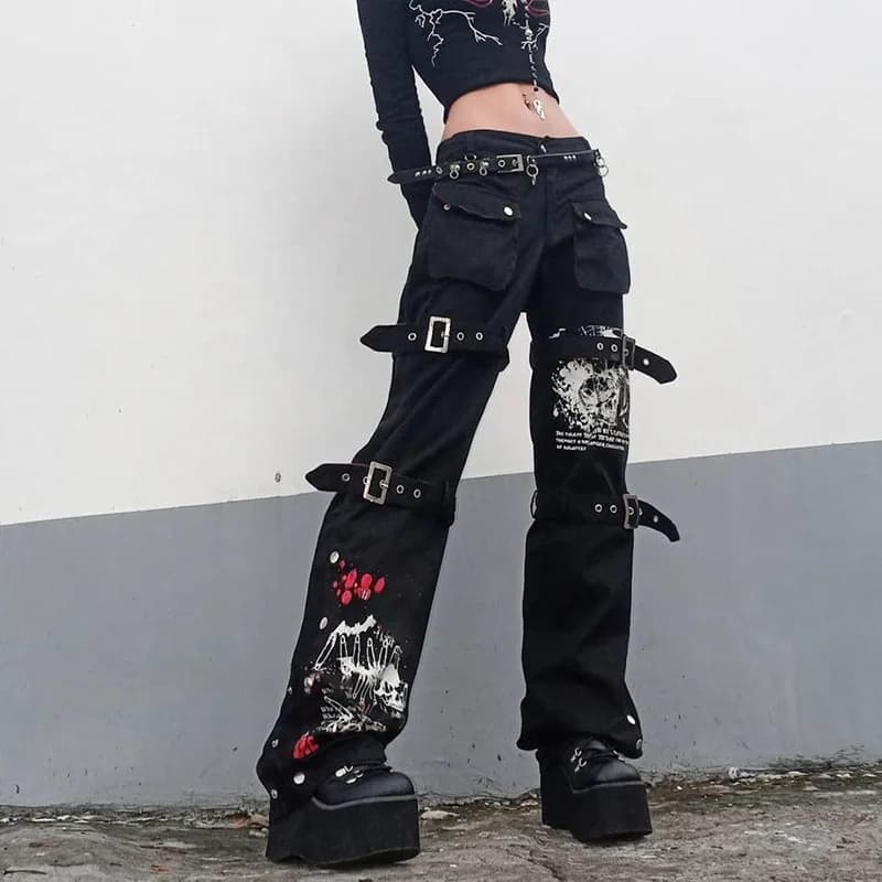 E-girl gothique noir Cargo pantalon Capri femmes taille basse jean pantalons longs Y2K Grunge Vintag