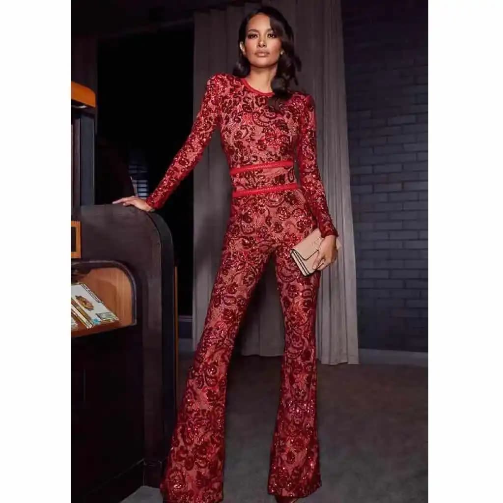 Combinaisons en dentelle ajourée Sexy pour femmes, barboteuse flamme rouge, pantalon de rue, mode Cl