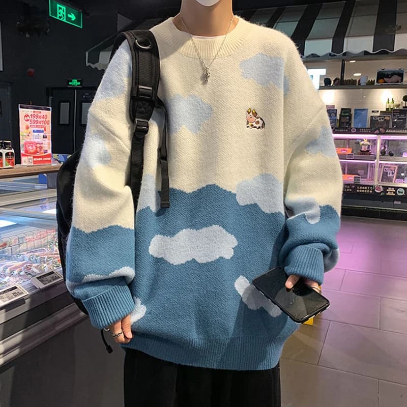 Pull bleu ciel pour femme, imprimé vache mignon, mode nuages, vêtements d'hiver, couples respirants,