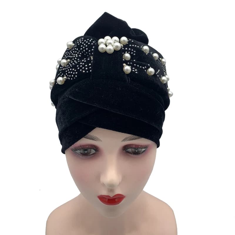 Bonnet turban en velours doux avec perles pour femmes, Hijab musulman, enveloppes de tête, vêtements