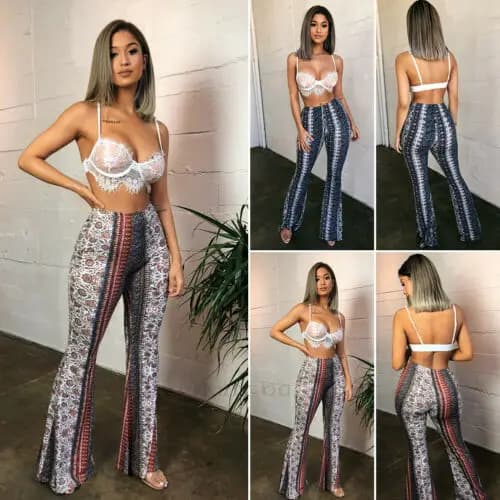 Rétro ChimSlim Casual Street Hiphelicopter Femmes Boho Imprimer Long Pantalon Taille Haute Évasé Jam