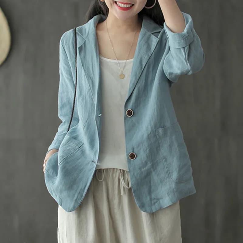 Blazer décontracté en coton et lin pour femmes, vestes fines pour dames, style vintage, solide, docu
