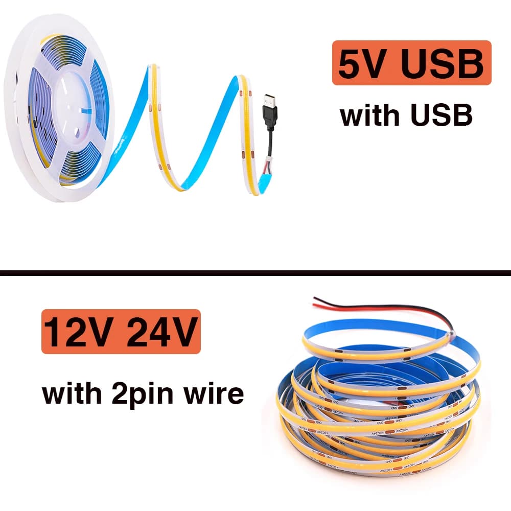 Bande lumineuse LED COB 5V 12V 24V, 320 diodes/m, haute densité RA90, Flexible, barre lumineuse, rub