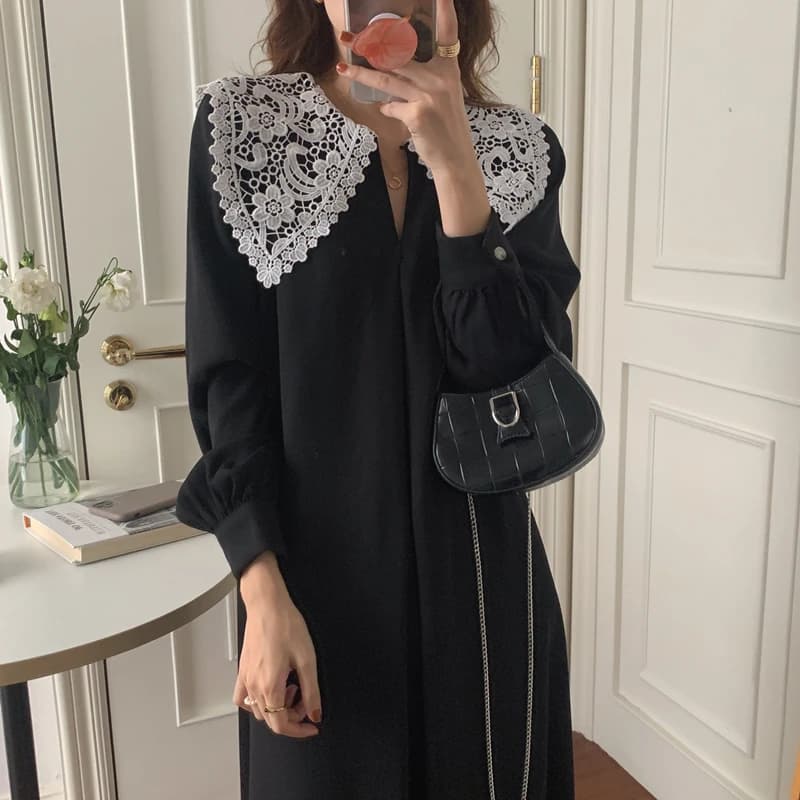 Robe longue en dentelle beige pour femme, pull à manches longues, robes maxi, col en V, droite, femm