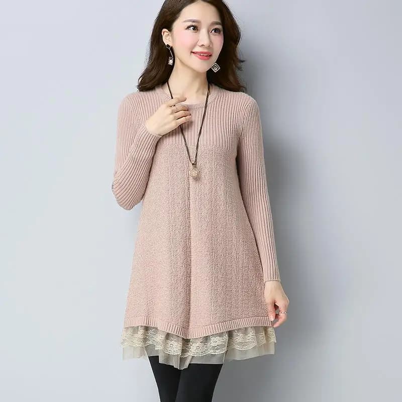 Robe pull à coutures en dentelle pour femmes, pulls à manches longues, pulls tricotés pour femmes, m