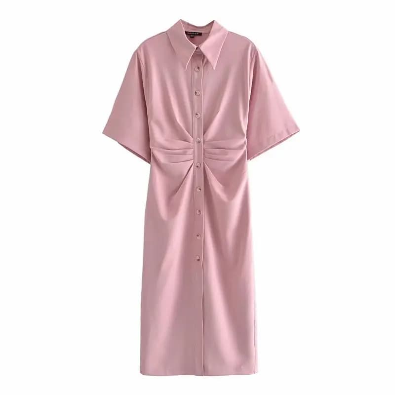 Robe Midi à boutons pour femmes, chemise Vintage, couleur unie, élégante, manches courtes, longue, d