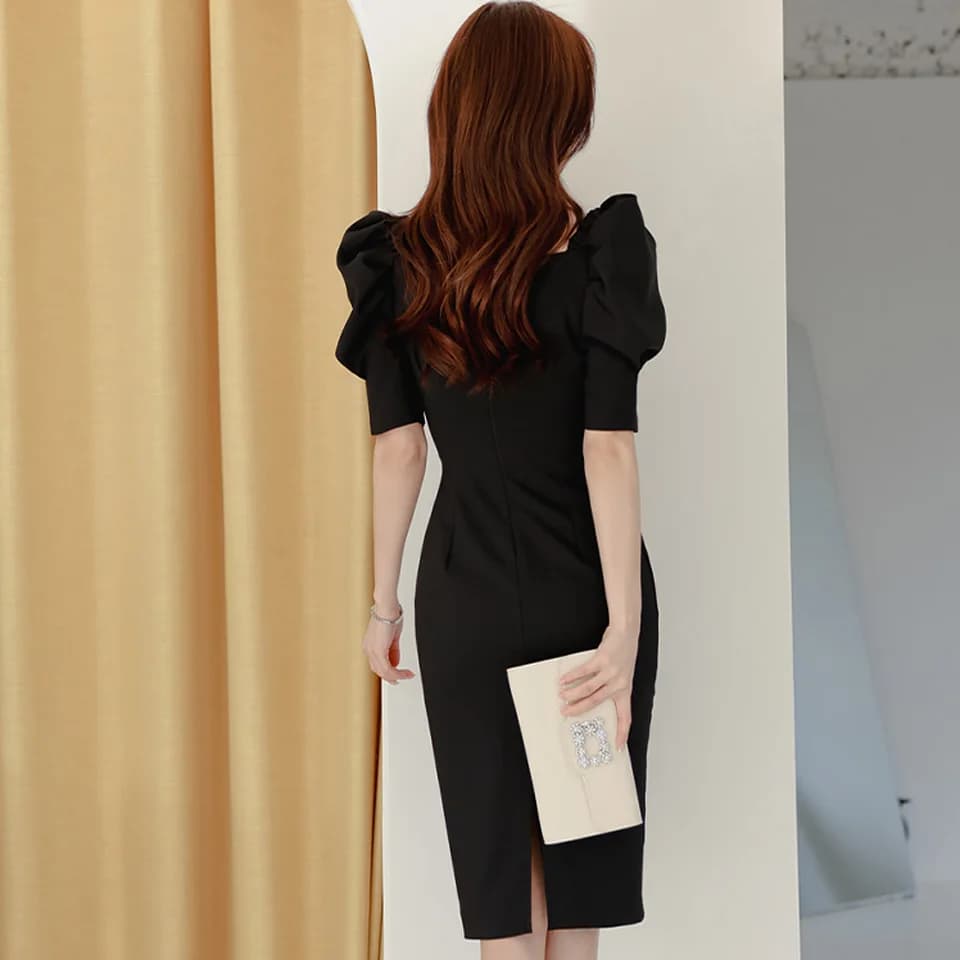 Robe crayon noire à manches bouffantes et col en V pour femmes, robe de bureau, simple, taille haute