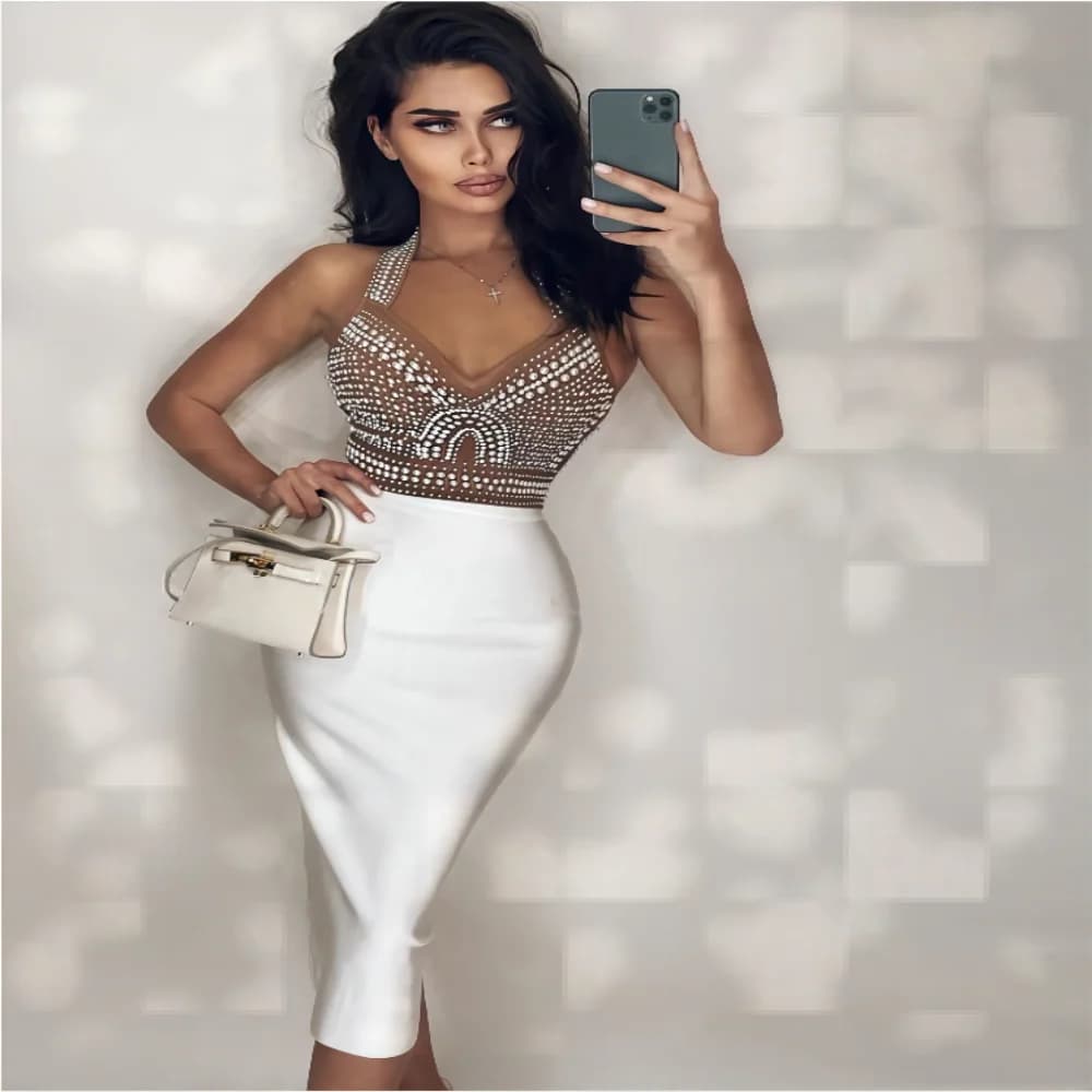 Top qualité haute rue blanc noir Sexy épaules dénudées sans manches perles brillant genou longueur r